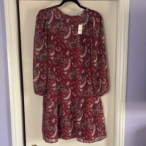 NWT LOFT Red and White Paisley Long Sleeve Dress